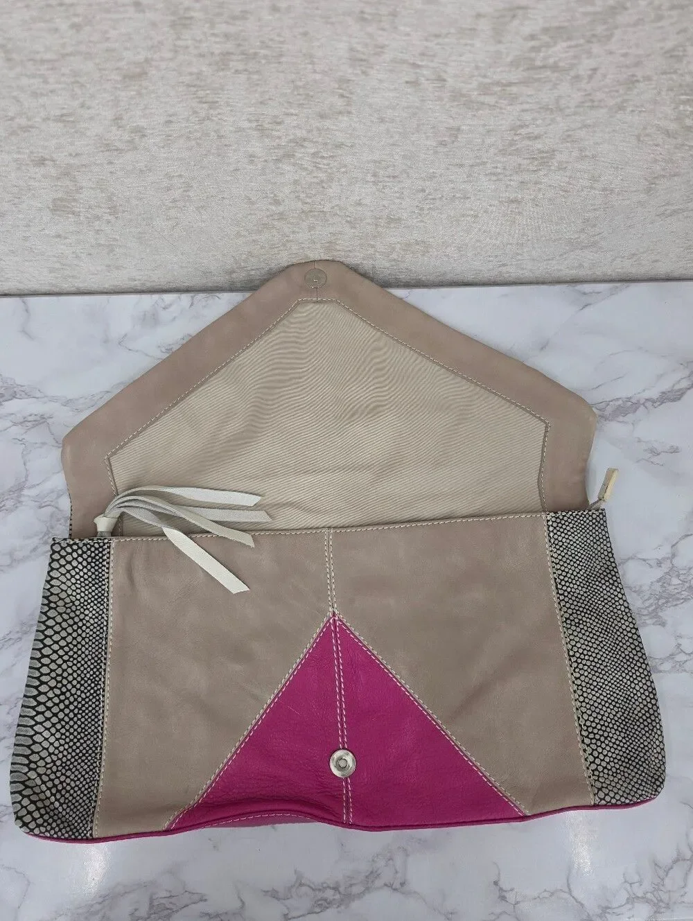 Foley & Corinna Colorblock Leather Clutch Bag in Cream Taupe Fuchsia Snakeskin